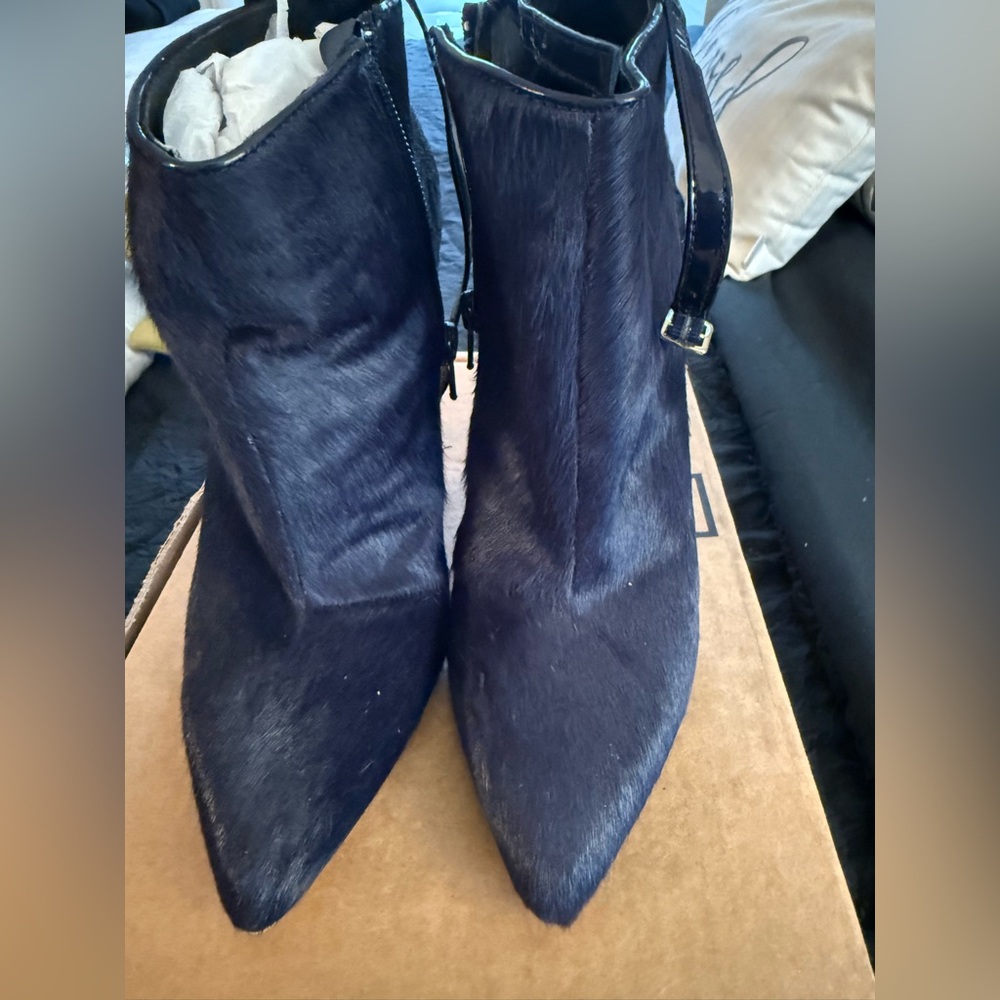 Navy Blue Pony Hair Ankle Boots